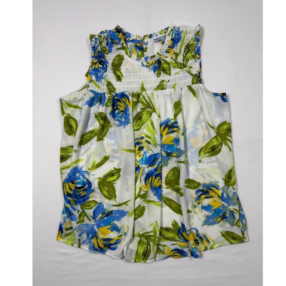 Cottagecore Floral & Ivy Smocked‎ Floral Blouse Womens Medium White Blue Green